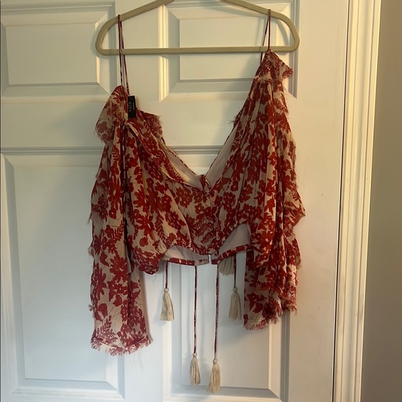 Vici Red and White Ruffled Tie Front Crop Top - Picture 4 of 4